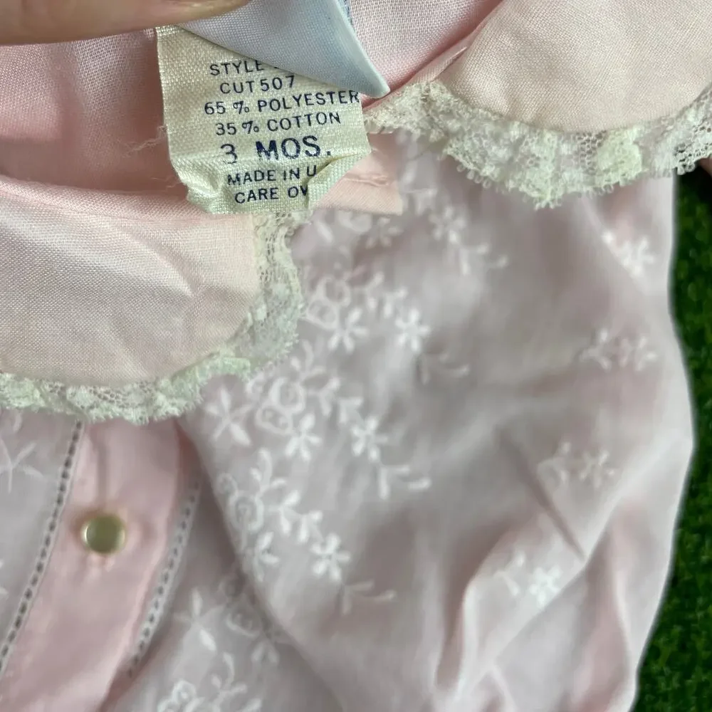 Vintage Toddle Tyke Pink White Lace Frilly Puff Baby Girl Bubble Romper Sz 3Mos
